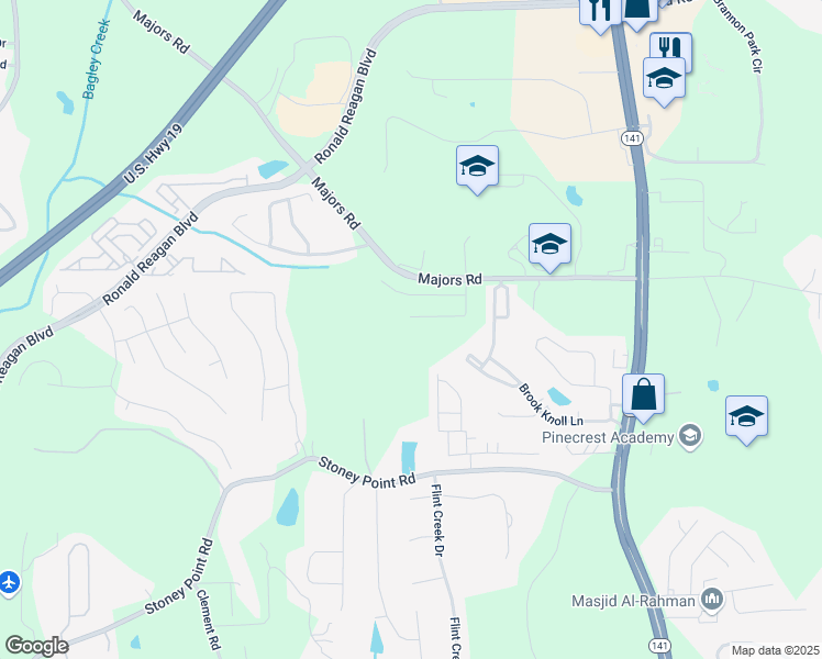 map of restaurants, bars, coffee shops, grocery stores, and more near 8275 Majors Ridge Way in Cumming
