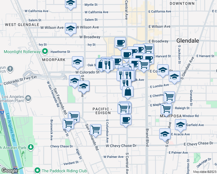 map of restaurants, bars, coffee shops, grocery stores, and more near 424 South Columbus Avenue in Glendale