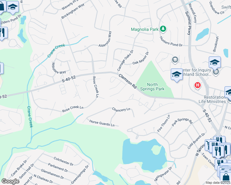 map of restaurants, bars, coffee shops, grocery stores, and more near 204 Parsons Mill Lane in Columbia
