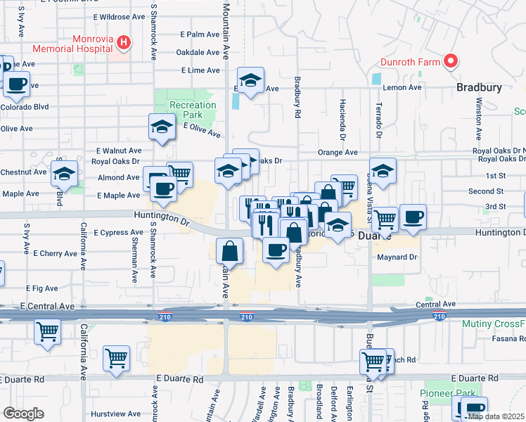 map of restaurants, bars, coffee shops, grocery stores, and more near 1035 East Huntington Drive in Monrovia