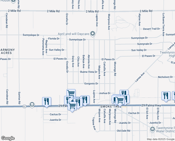 map of restaurants, bars, coffee shops, grocery stores, and more near 6198 Abronia Avenue in Twentynine Palms
