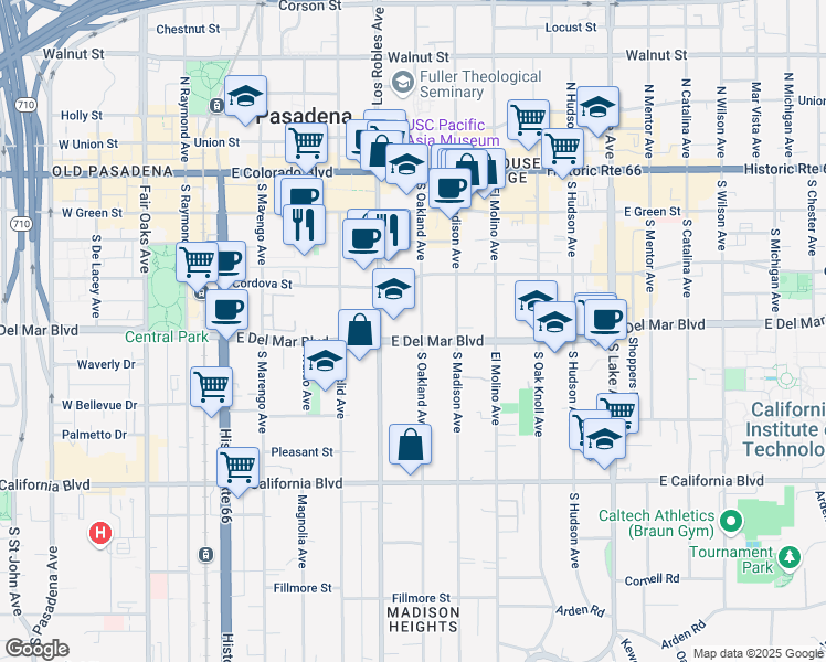 map of restaurants, bars, coffee shops, grocery stores, and more near 501 East Del Mar Boulevard in Pasadena