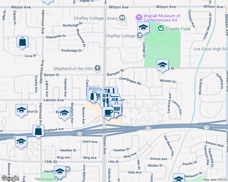map of restaurants, bars, coffee shops, grocery stores, and more near 6244 Valinda Avenue in Rancho Cucamonga