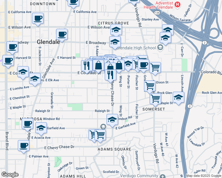 map of restaurants, bars, coffee shops, grocery stores, and more near 1143 East Lomita Avenue in Glendale