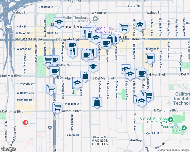 map of restaurants, bars, coffee shops, grocery stores, and more near 475 East Del Mar Boulevard in Pasadena
