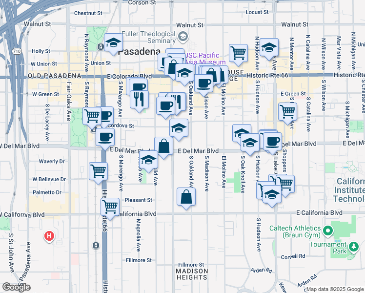 map of restaurants, bars, coffee shops, grocery stores, and more near 475 East Del Mar Boulevard in Pasadena