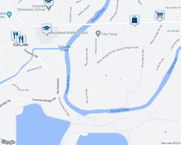 map of restaurants, bars, coffee shops, grocery stores, and more near 277 Milam Bridge Road Southwest in Cartersville
