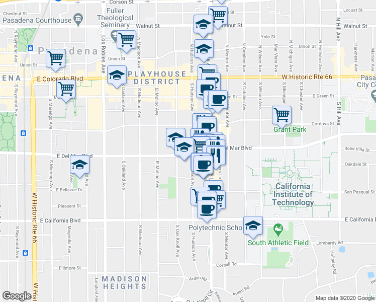 map of restaurants, bars, coffee shops, grocery stores, and more near 1925 South Hudson Avenue in Pasadena