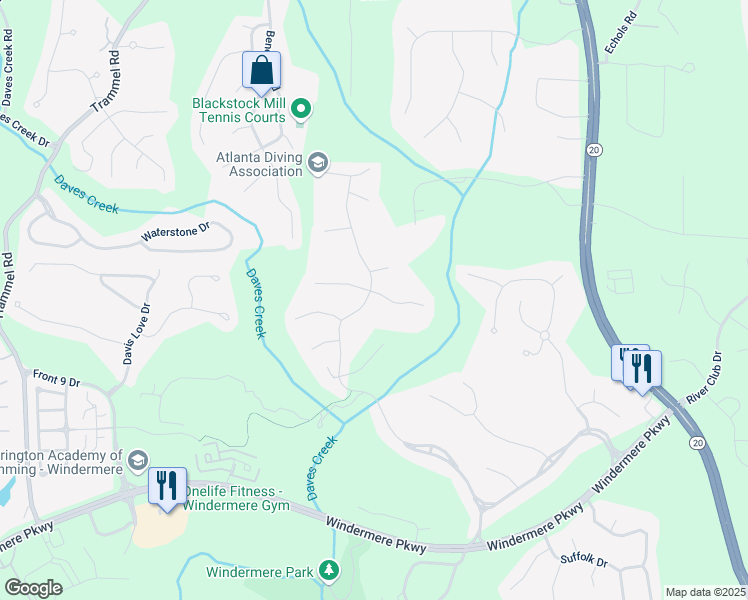 map of restaurants, bars, coffee shops, grocery stores, and more near 2400 Gants Hill Place in Cumming