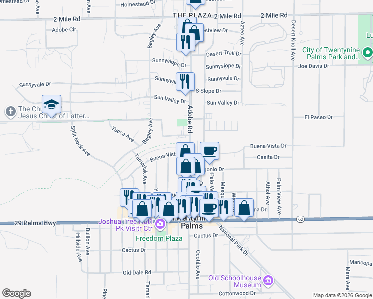 map of restaurants, bars, coffee shops, grocery stores, and more near 73680 Buena Vista Drive in Twentynine Palms