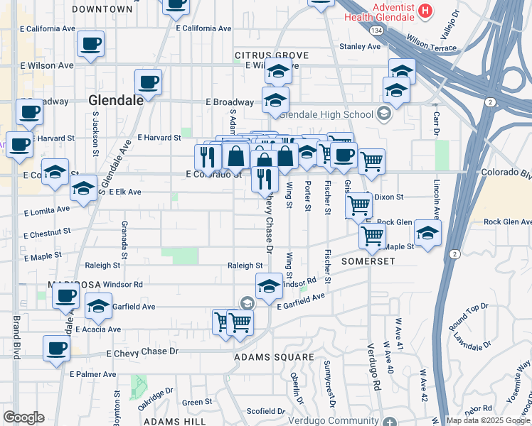 map of restaurants, bars, coffee shops, grocery stores, and more near 1143 East Lomita Avenue in Glendale