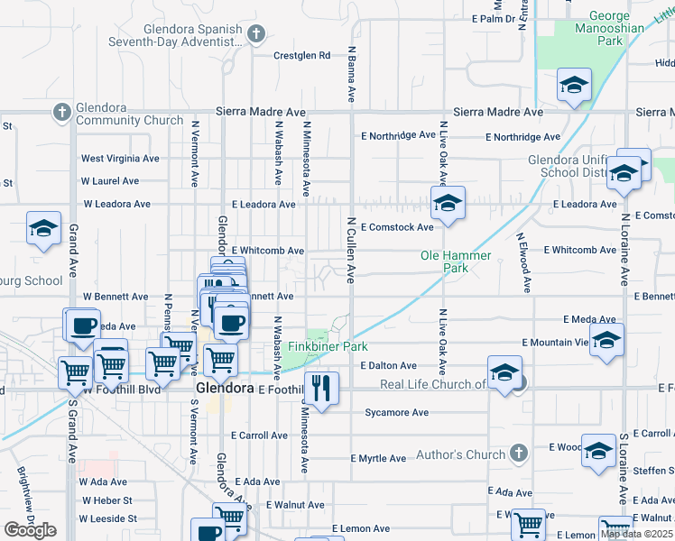 map of restaurants, bars, coffee shops, grocery stores, and more near 503 East Bennett Avenue in Glendora