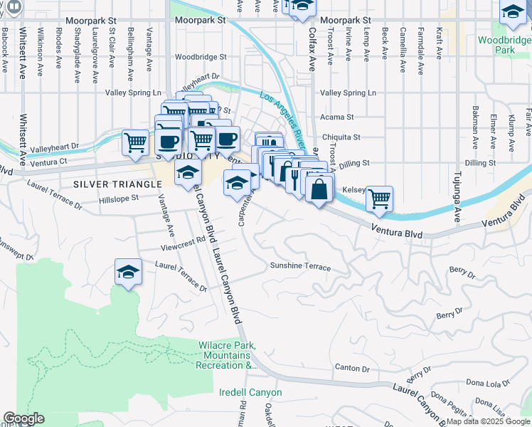 map of restaurants, bars, coffee shops, grocery stores, and more near 3843 Reklaw Drive in Los Angeles