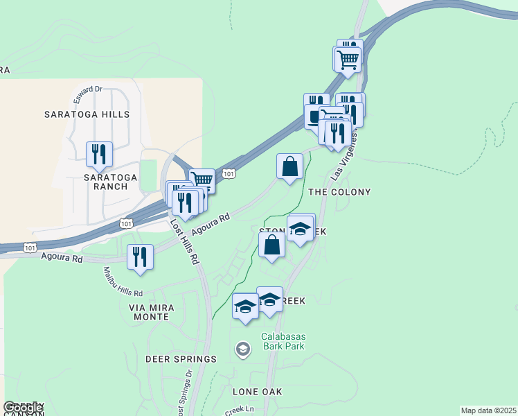map of restaurants, bars, coffee shops, grocery stores, and more near 26520-26664 Agoura Road in Calabasas