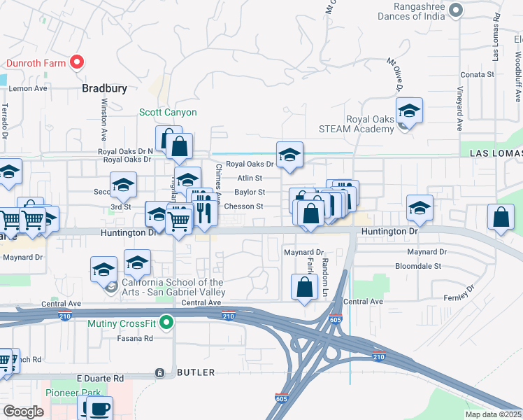 map of restaurants, bars, coffee shops, grocery stores, and more near 2028 Chesson Street in Duarte
