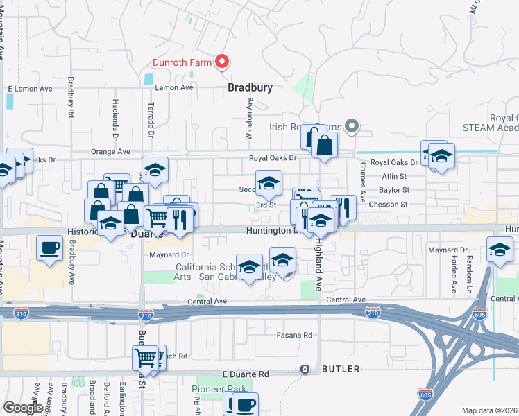 map of restaurants, bars, coffee shops, grocery stores, and more near 1630 3rd Street in Duarte