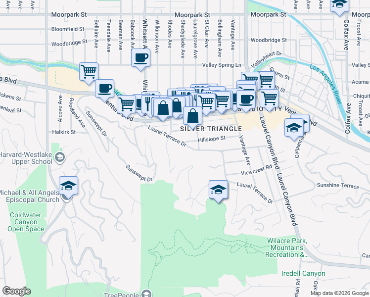 map of restaurants, bars, coffee shops, grocery stores, and more near 3820 Rhodes Avenue in Los Angeles
