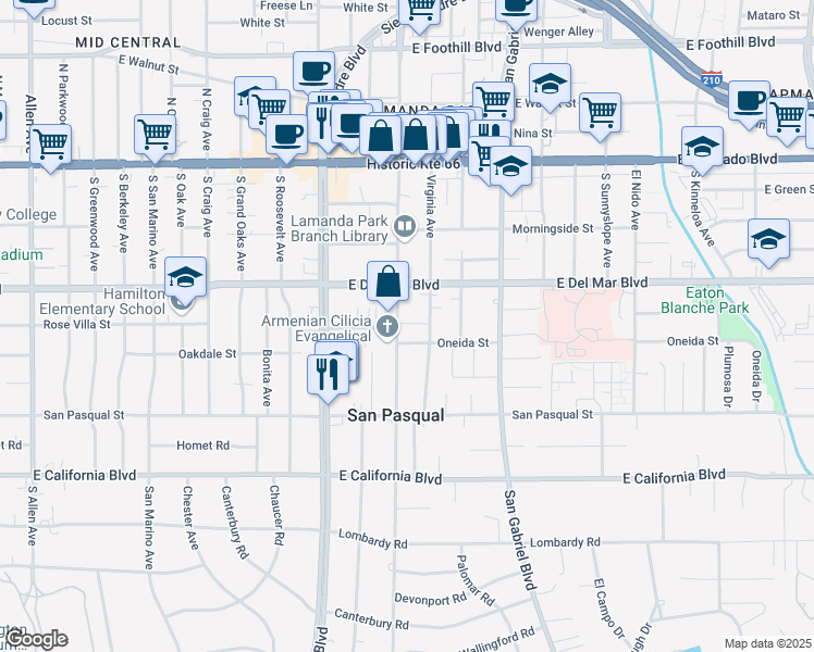 map of restaurants, bars, coffee shops, grocery stores, and more near 308 South Santa Anita Avenue in Pasadena