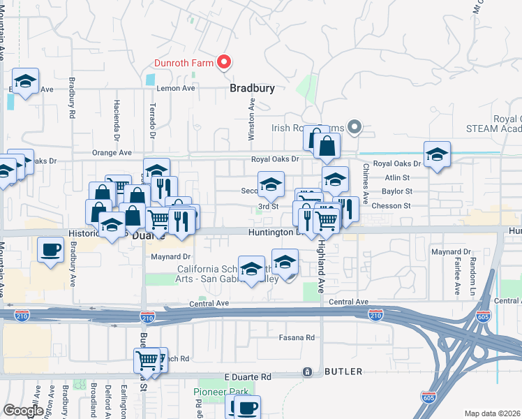 map of restaurants, bars, coffee shops, grocery stores, and more near 1630 3rd Street in Duarte