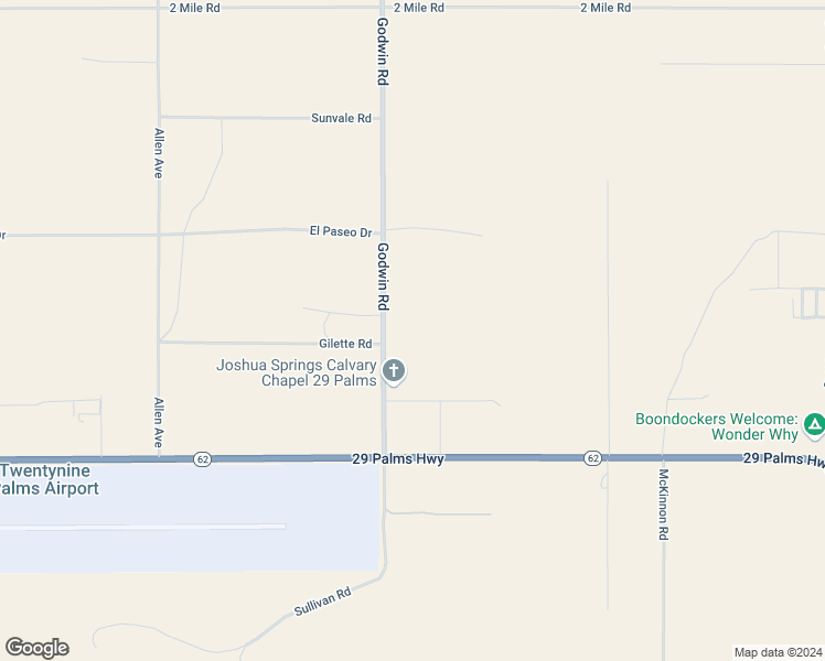 map of restaurants, bars, coffee shops, grocery stores, and more near 6289 Godwin Road in Twentynine Palms