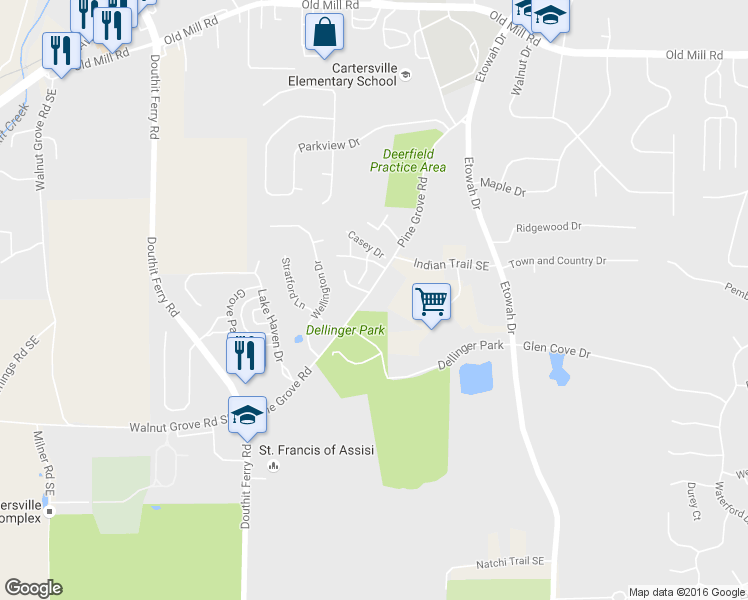 map of restaurants, bars, coffee shops, grocery stores, and more near 90 Pine Grove Road in Cartersville