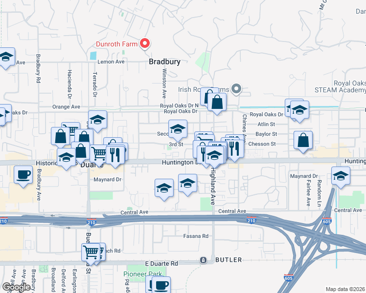 map of restaurants, bars, coffee shops, grocery stores, and more near 1672 3rd Street in Duarte