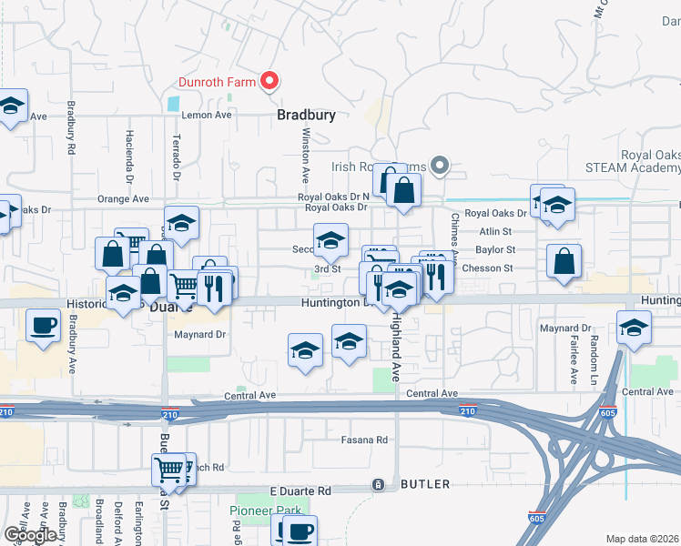 map of restaurants, bars, coffee shops, grocery stores, and more near 1672 3rd Street in Duarte