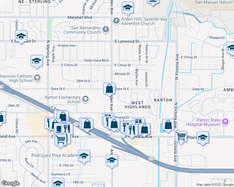 map of restaurants, bars, coffee shops, grocery stores, and more near 6224 Stanton Avenue in Highland