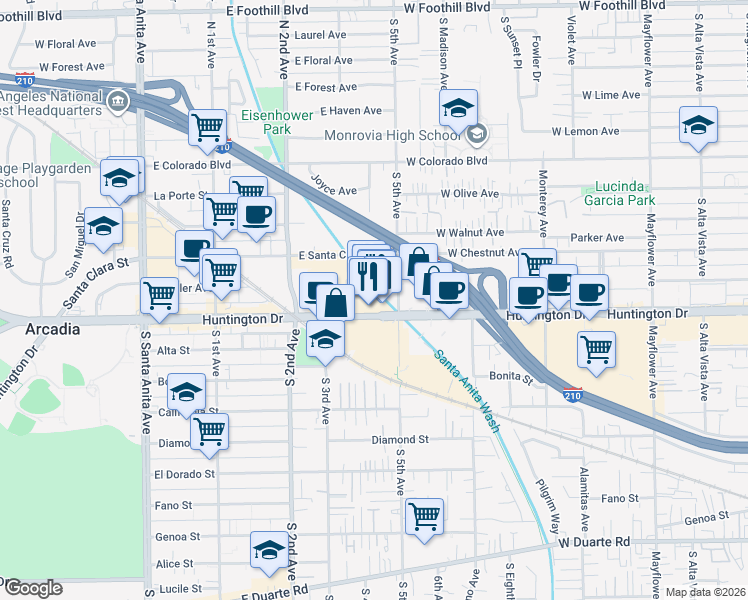 map of restaurants, bars, coffee shops, grocery stores, and more near 411 East Huntington Drive in Arcadia