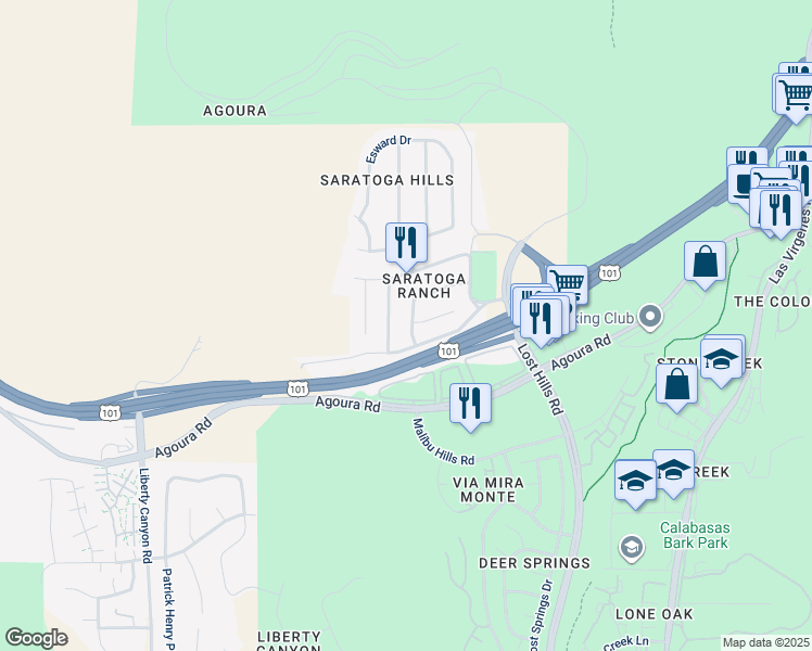 map of restaurants, bars, coffee shops, grocery stores, and more near 5021 Ambridge Drive in Agoura Hills