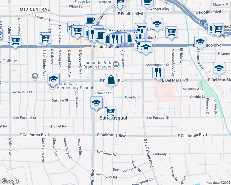 map of restaurants, bars, coffee shops, grocery stores, and more near 308 South Santa Anita Avenue in Pasadena