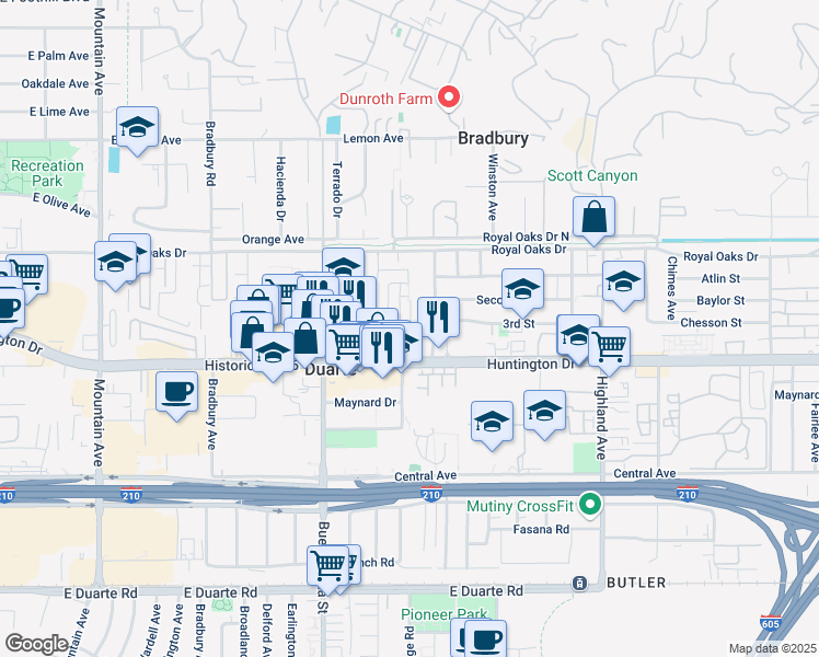 map of restaurants, bars, coffee shops, grocery stores, and more near 1015 Cotter Avenue in Duarte