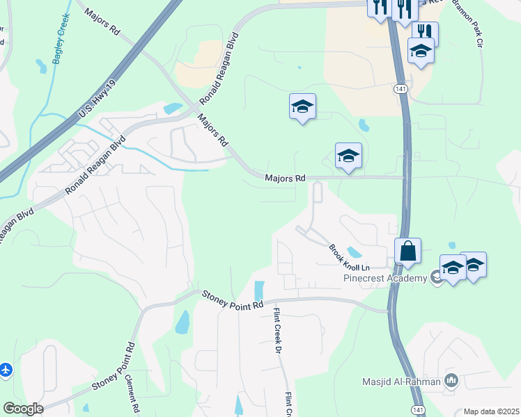 map of restaurants, bars, coffee shops, grocery stores, and more near 8275 Majors Ridge Way in Cumming