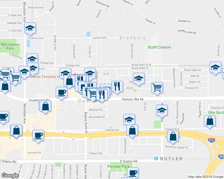 map of restaurants, bars, coffee shops, grocery stores, and more near 1452 3rd Street in Duarte