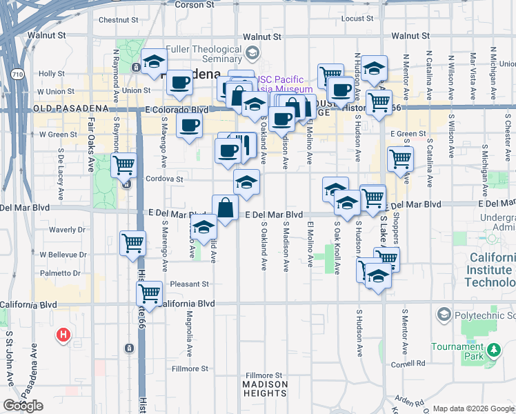 map of restaurants, bars, coffee shops, grocery stores, and more near 501 East Del Mar Boulevard in Pasadena