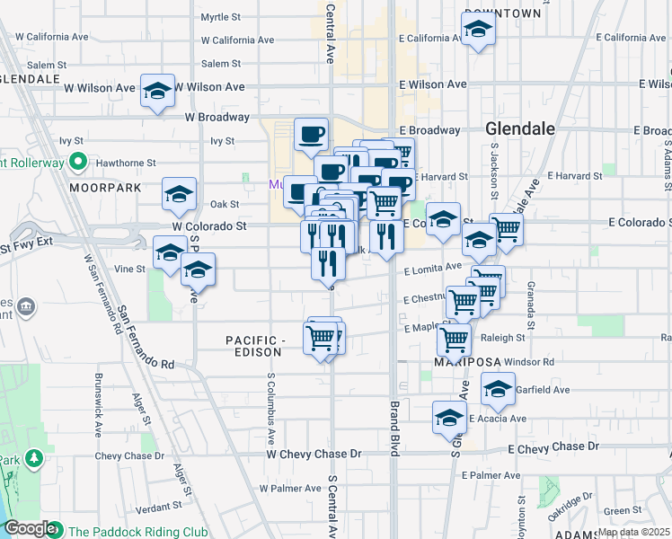 map of restaurants, bars, coffee shops, grocery stores, and more near 440 South Central Avenue in Glendale