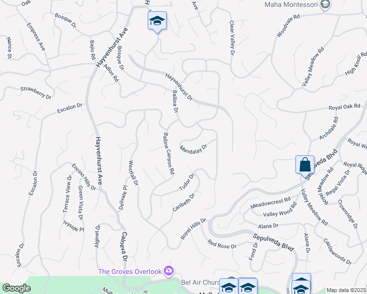 map of restaurants, bars, coffee shops, grocery stores, and more near 16370 Mandalay Drive in Los Angeles