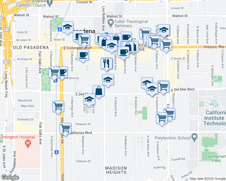 map of restaurants, bars, coffee shops, grocery stores, and more near 501 East Del Mar Boulevard in Pasadena