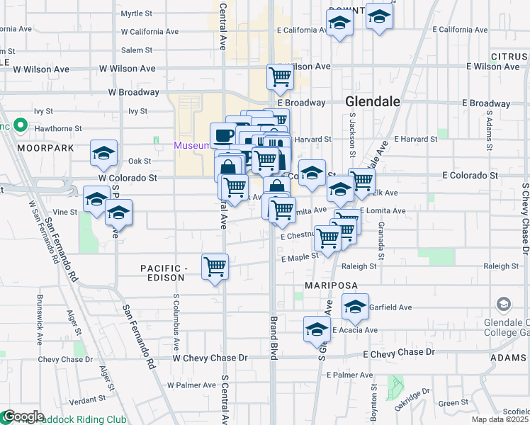 map of restaurants, bars, coffee shops, grocery stores, and more near 401 South Brand Boulevard in Glendale