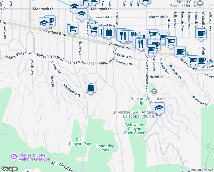 map of restaurants, bars, coffee shops, grocery stores, and more near 3901 Longridge Avenue in Los Angeles