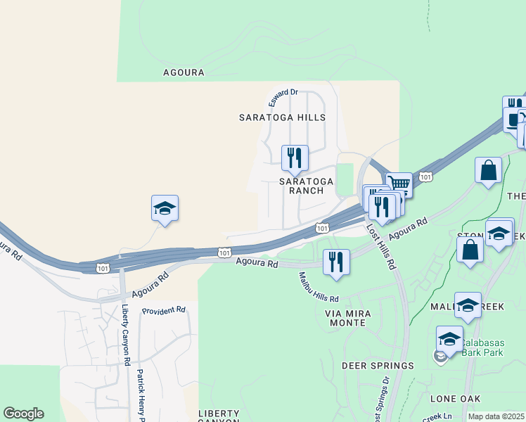 map of restaurants, bars, coffee shops, grocery stores, and more near 5021 Dantes View Drive in Agoura Hills
