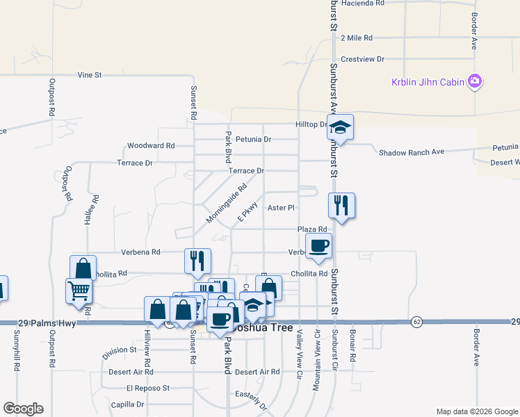 map of restaurants, bars, coffee shops, grocery stores, and more near 6182 El Reposo Street in Joshua Tree
