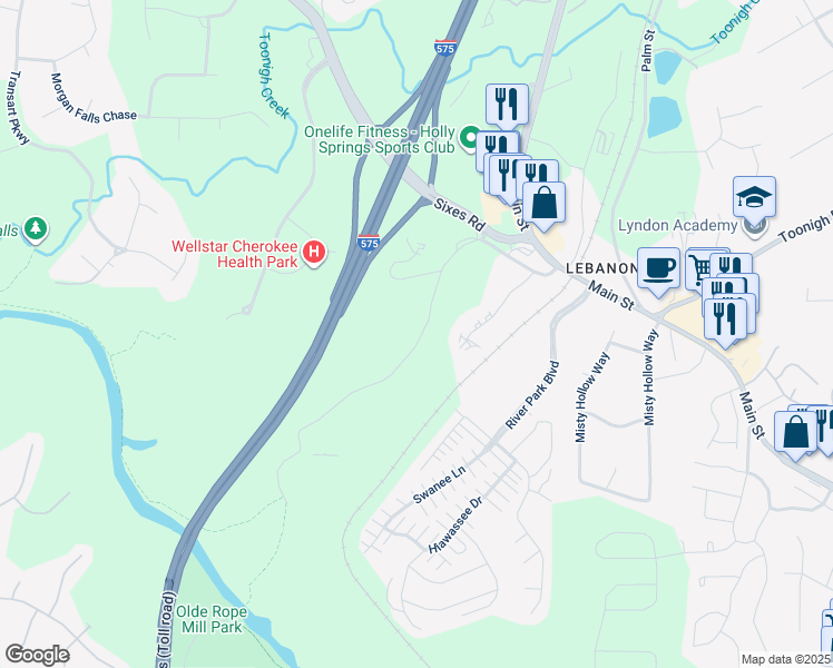 map of restaurants, bars, coffee shops, grocery stores, and more near 643 North Rope Mill Road in Woodstock