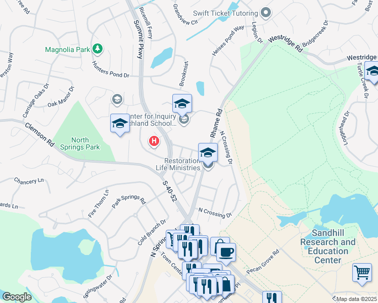 map of restaurants, bars, coffee shops, grocery stores, and more near 805 Summit Square in Columbia