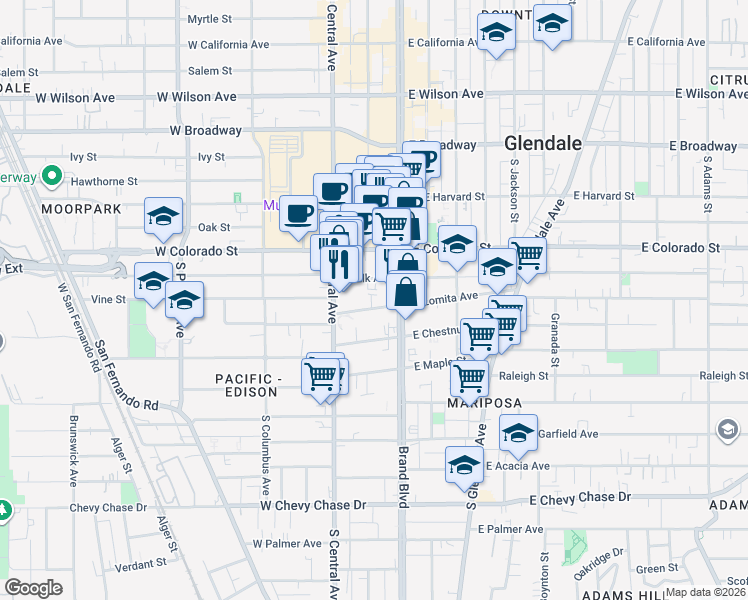map of restaurants, bars, coffee shops, grocery stores, and more near 123 West Lomita Avenue in Glendale