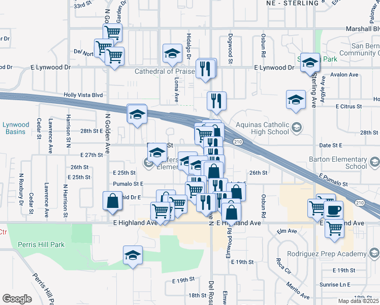 map of restaurants, bars, coffee shops, grocery stores, and more near 1560 East Date Street in San Bernardino