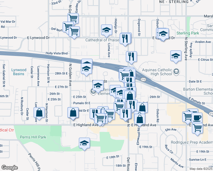 map of restaurants, bars, coffee shops, grocery stores, and more near 1450 East Date Street in San Bernardino