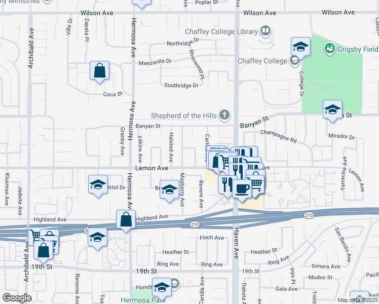 map of restaurants, bars, coffee shops, grocery stores, and more near 6206 Mayberry Avenue in Rancho Cucamonga