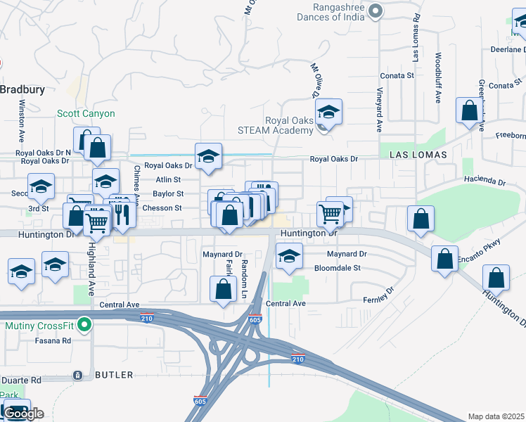 map of restaurants, bars, coffee shops, grocery stores, and more near 2305 Beardslee Street in Duarte