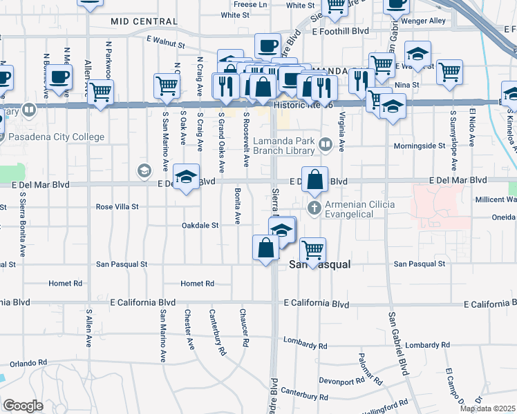 map of restaurants, bars, coffee shops, grocery stores, and more near 270 South Roosevelt Avenue in Pasadena